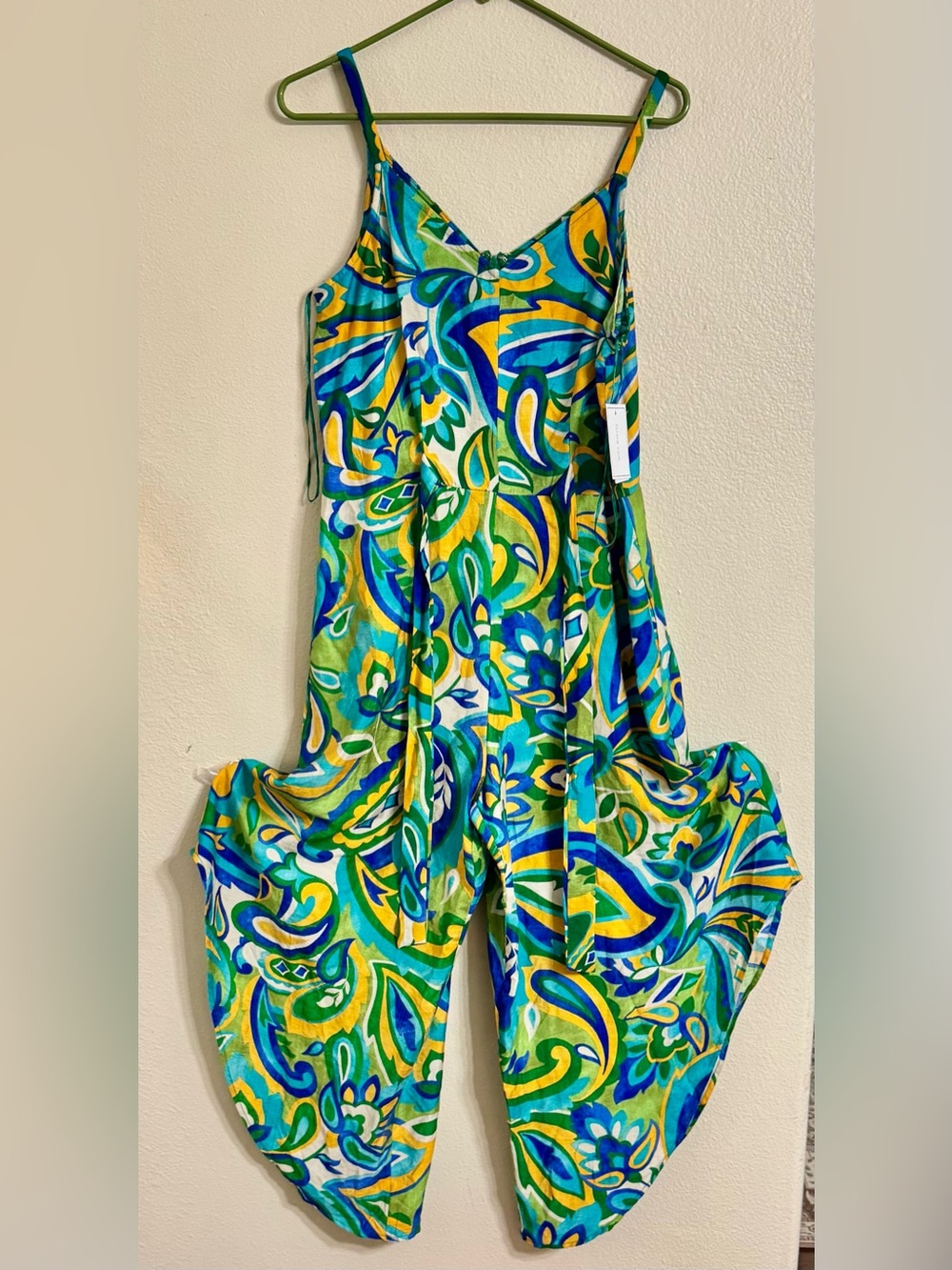 NWT 1.STATE Blue Green Paisley Tie Waist Jumpsuit M